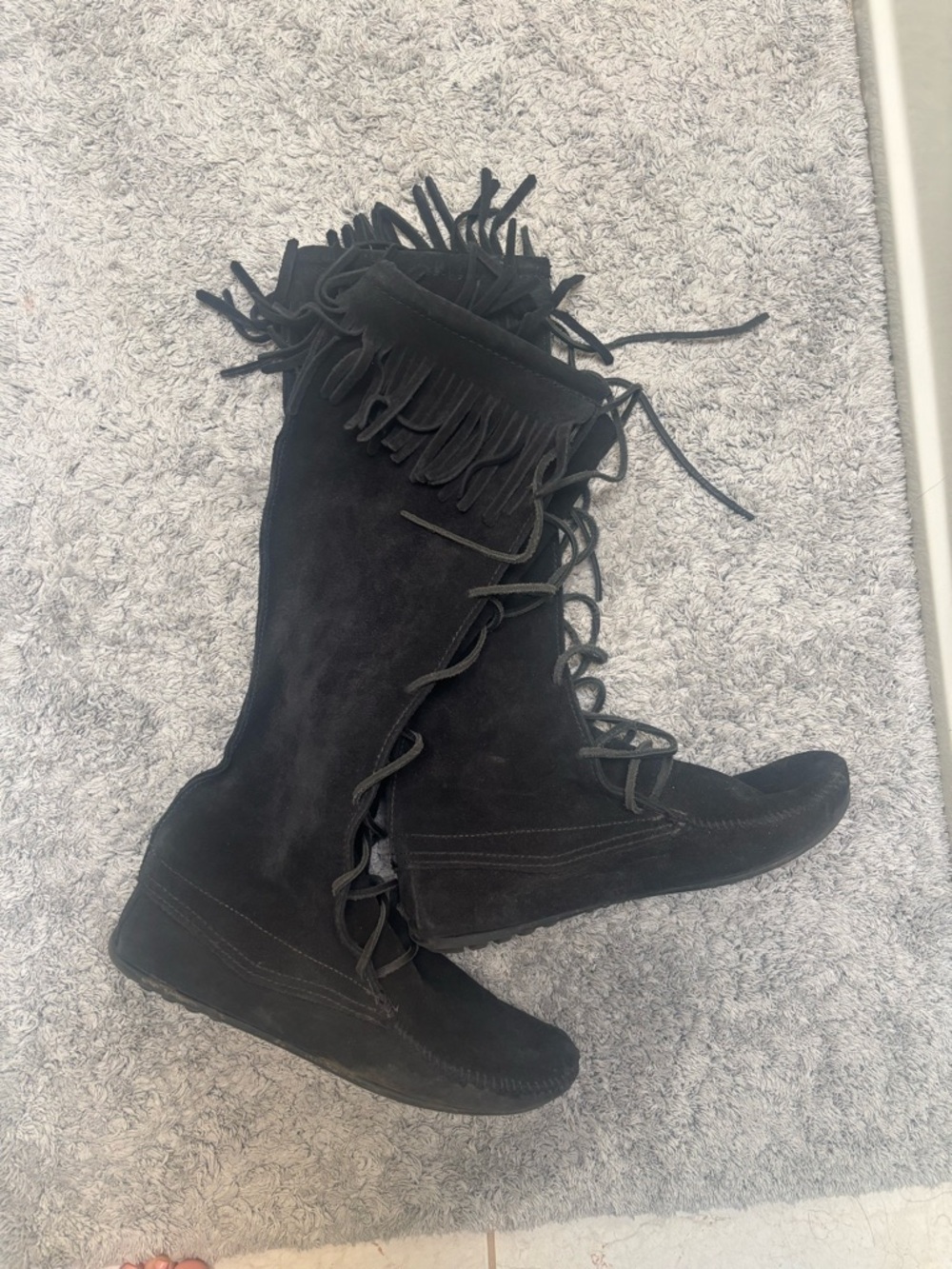 Minnetonka Black Fringe Lace-Up Suede Knee Boots